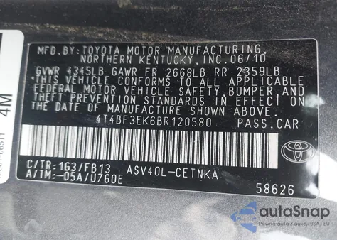 2011 Toyota Camry Le from USA, damaged, VIN 4T4BF3EK6BR120580